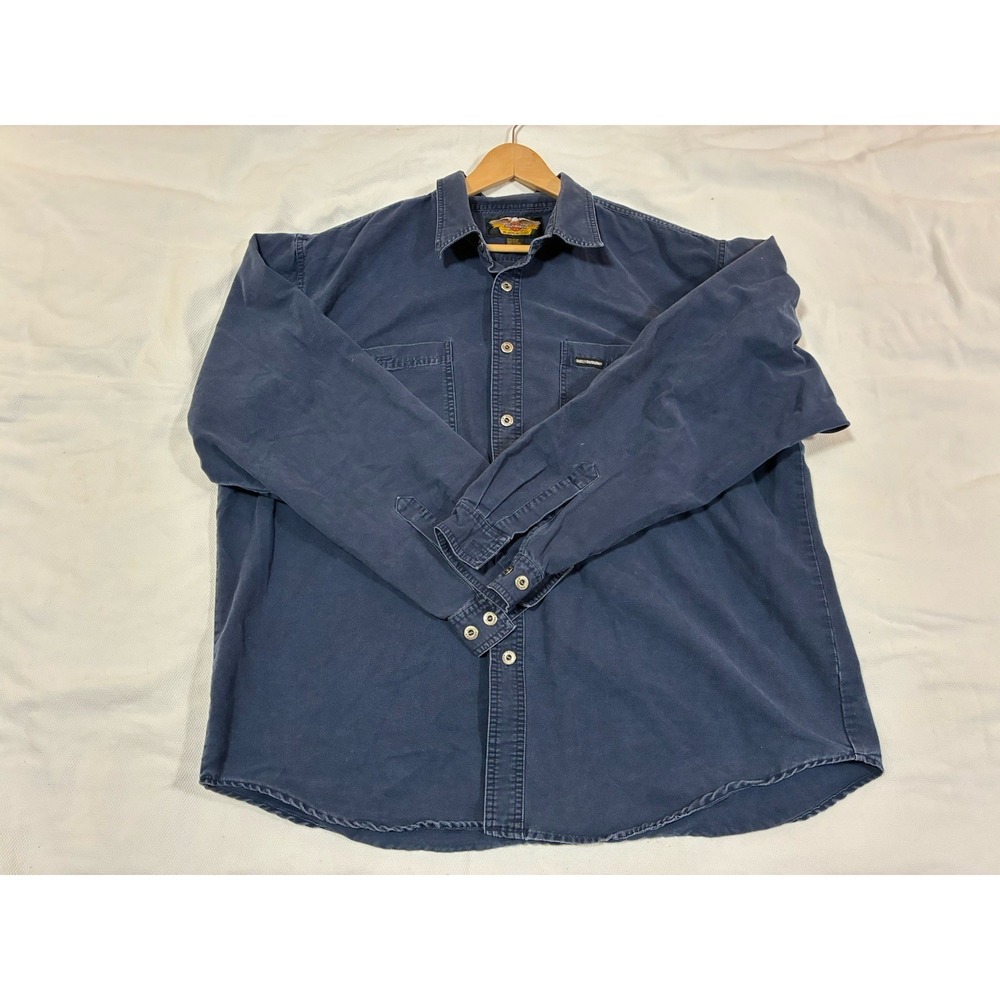 Harley-Davidson Men's 2XL Navy Blue Work Shirt Long Sleeve Button Up Patch‎ Logo